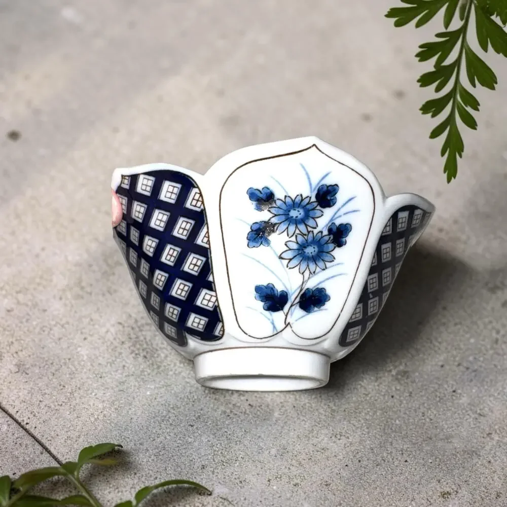 Set of 5 Blue White Porcelain Rice Bowls Floral Bamboo Geometric Scalloped Edge